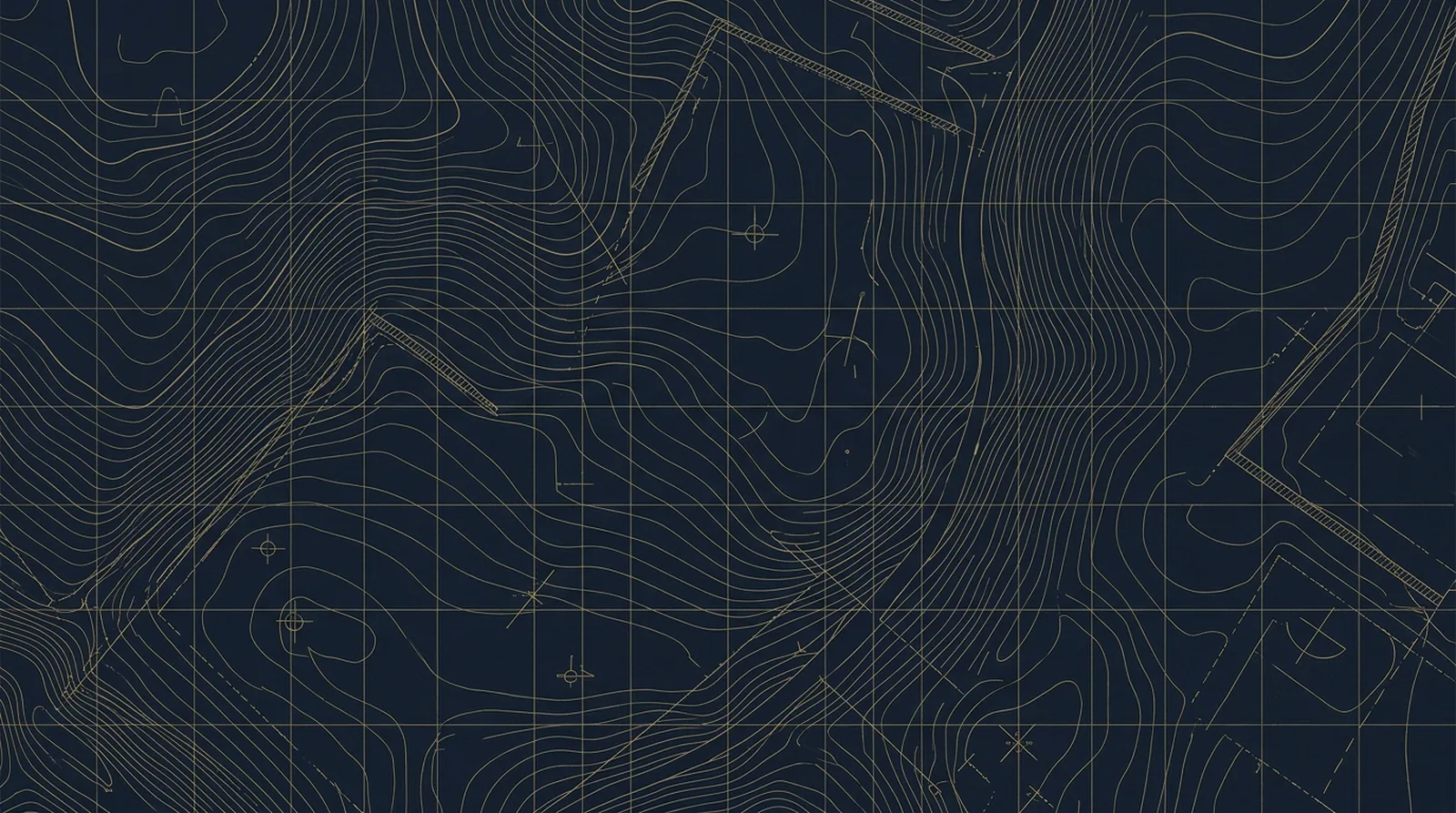Abstract engineered site-plan texture of contour grade lines and survey grid in gold on deep navy