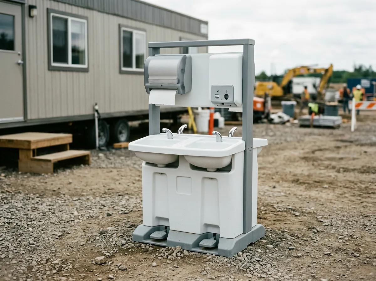 A freestanding two-basin handwash station with foot pumps and a towel dispenser set on gravel beside a modular site office