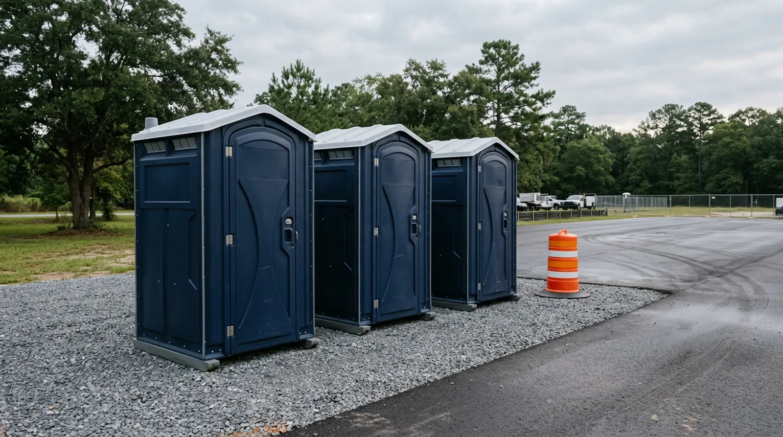 Three navy portable restroom units set in a row on a compacted gravel pad next to a paved lot