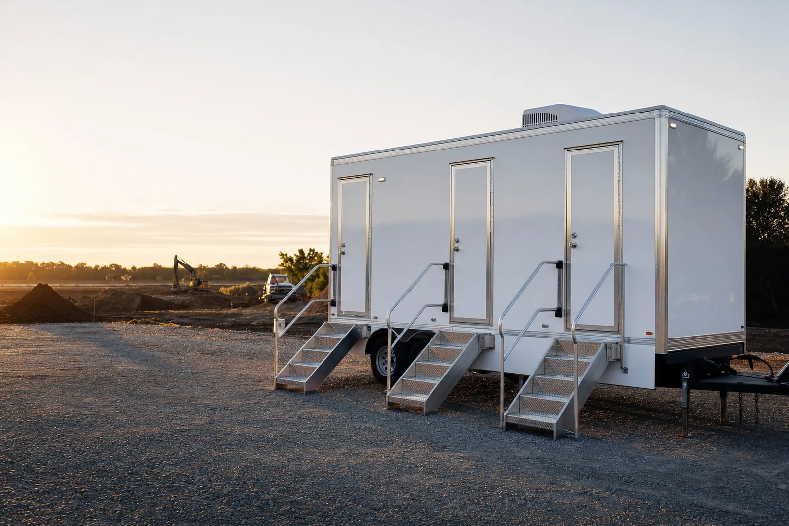 A multi-stall restroom trailer staged on a level gravel pad beside an active earthwork site at sunrise